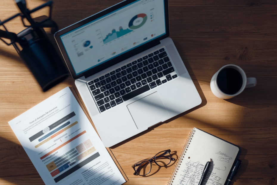 desk with computer and reports