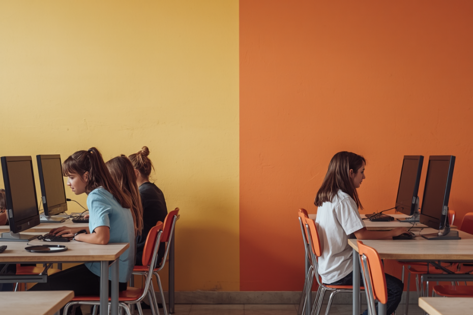 classroom with three kids on left and one on right
