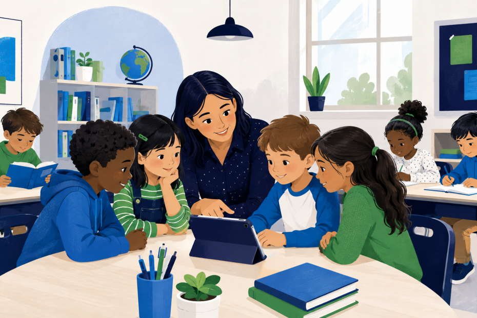 bright classroom teacher with students